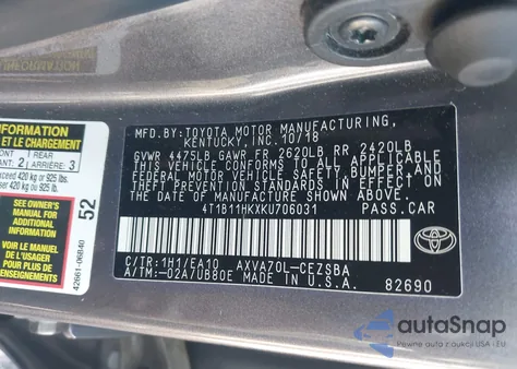 2019 Toyota Camry Se z USA, uszkodzony, nr VIN 4T1B11HKXKU706031